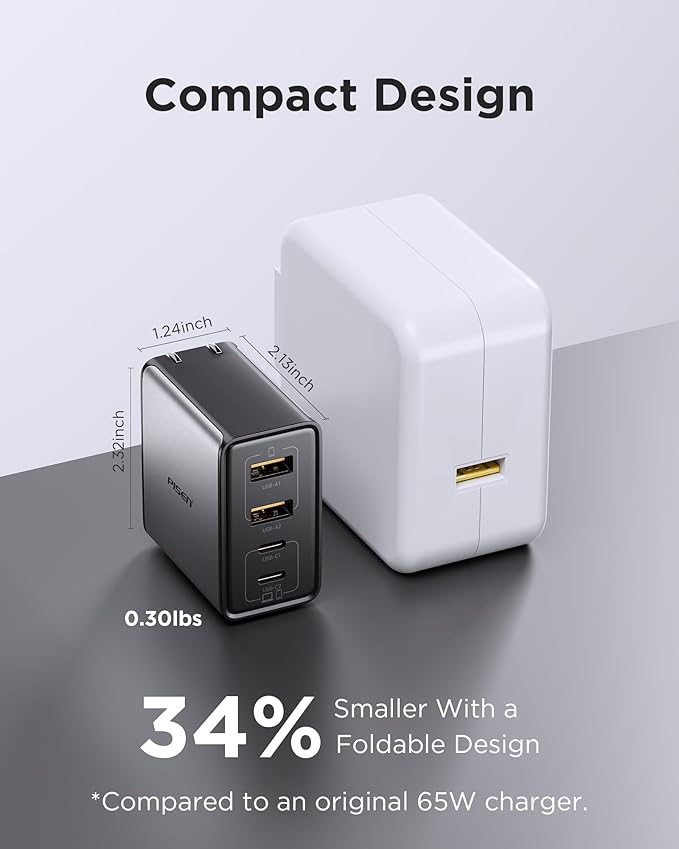 PISEN 65W USB C Charger - 4-Port GaN Fast Charging Block Type C Charger Fast Charging Wall Plugs with 4FT C to C Cable for MacBook Pro/Air, iPhone 16/15/14, iPad Pro, Galaxy S24, Pixel 8, Steam Deck