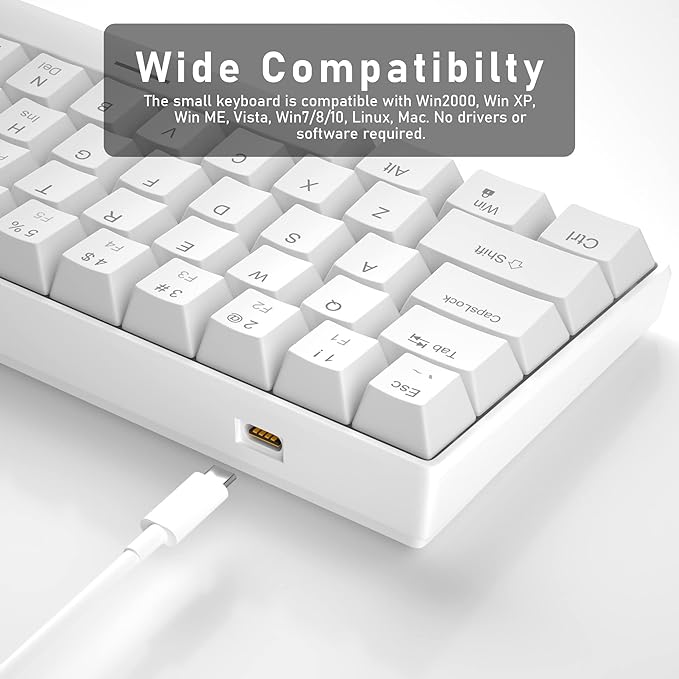 Camiysn 60% Mechanical Gaming Keyboard, White Gaming Keyboard with Red Switches, Detachable Type-C Cable Mini Keyboard with Blue LED Light for/PC/Laptop