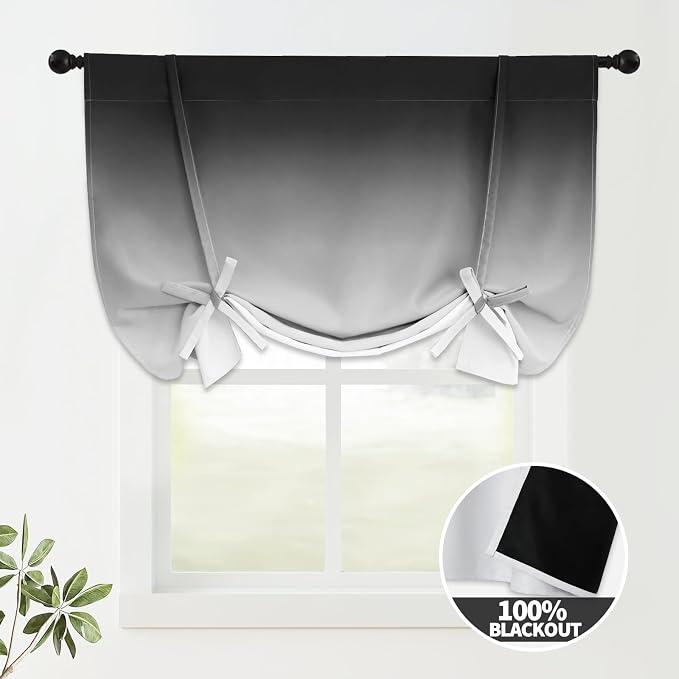 COSVIYA 100% Blackout Ombre Black Adjustable Tie Up Curtains - Image 2