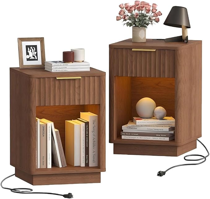 Akxomel Fluted Nightstand Set 2 Bedside Table by Akxomel