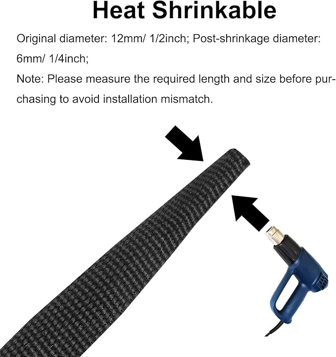 MECCANIXITY Braided Cable Sleeves Heat Shrinkable Fabric Sleeving, 1/2" 60ft Black 2:1 Ratio Heat Shrinkable Cord Protector for Harness Cable, Network Cable Protection, Cable Management