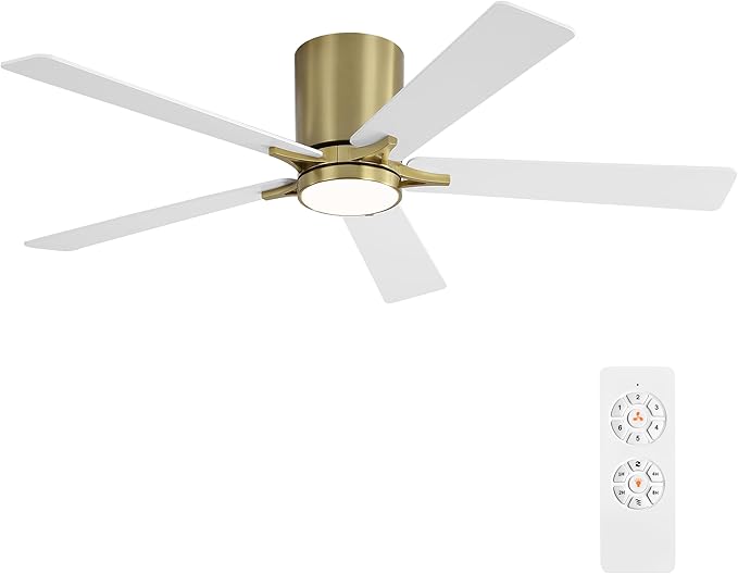 WINGBO 48" DC Flush Mount Ceiling Fan with Lights, 6-Speed Reversible DC Motor, 3CCT, Low Profile Hugger Ceiling Fan for Living Room Bedroom Kitchen, Brass Finish and Black/White Blades