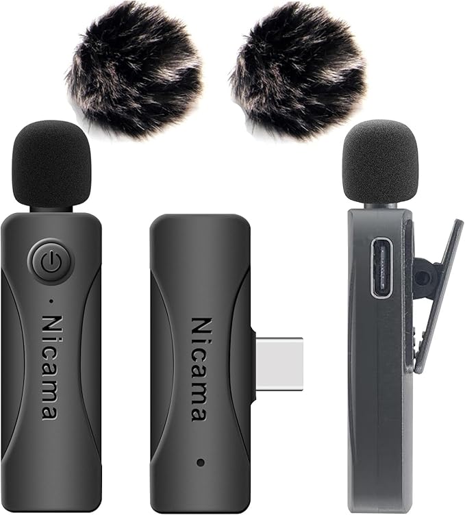 Nicama AS12 USB-C Wireless lavalier Microphone with 2 transmitters for iPhone 15 16 Type-c Android Samsung Smartphone Laptop Live Streaming YouTube TikTok (2TX+RX)