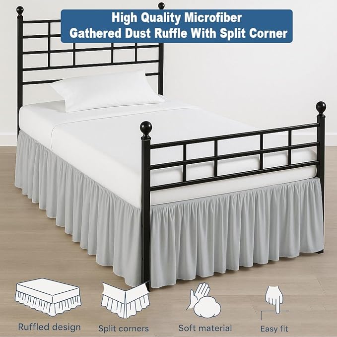 Ruffled Bed Skirt Split Corners with Platform, Tailored Fit Hotel Quality Wrinkle Free Ultra-Soft Microfiber Dust Ruffle, Upto 10 Inch Drop, Full XL, Light Grey