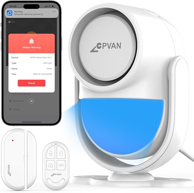 CPVAN WiFi Motion Sensor Alarm, 125dB Wireless DIY Smart PIR Motion Detector with Door/Window Sensor for Home Security System - On Spot Alarm & APP Alert, White