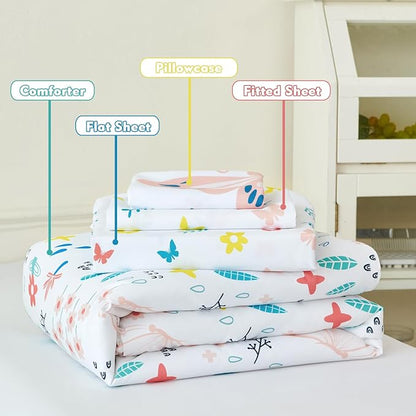 PERFEMET Girls Floral Comforter Set Twin Size 4 Pieces Botanical Flower Bedding Set Butterfly Pattern Teens Kids Bed in a Bag with Sheets for All Seasons(White, Twin)