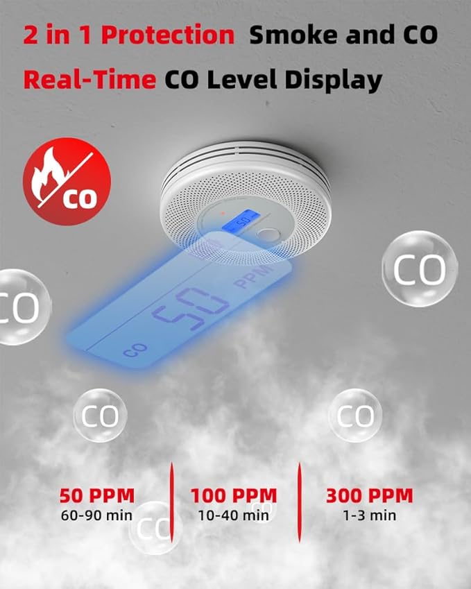 KIMROG 10-Year Sealed Battery 2-in-1 Smoke & Carbon Monoxide Detector Alarm | Home/Garage Combo CO & Smoke Alarm Detector with Backlit LCD Display & V-0 Flame-Retardant Housing (1-Pack)
