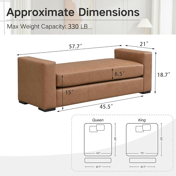 End of Bed Bench for Bedroom, 57.7'' Queen Size Vegan Leather Bench - Image 2