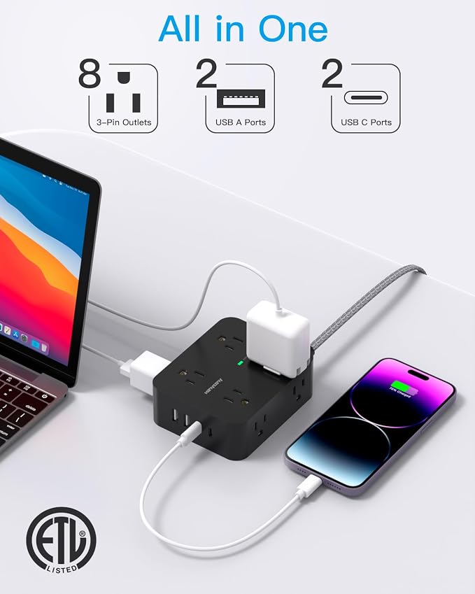 HANYCONY Surge Protector Power Strip, 5 Ft Braided Extension Cord | 8 Outlets 4 - Image 2
