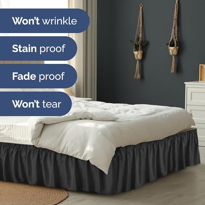 Wrap Around Dust Ruffle Bed Skirt - Black - for Queen Size Beds w/ 16 Inch Drop - Easy Fit Elastic Strap - Adjustable Pleated Bedskirt w/Brushed Fabric, Wrinkle & Fade Free Women, Men, Kids & Teens