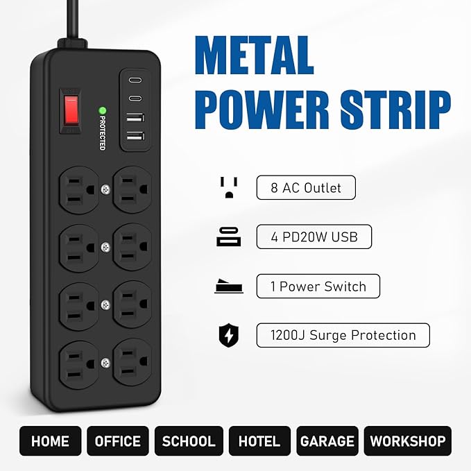 Heavy Duty Power Strip with USB,8 Outlet Workshop Metal Power Strip,PD20W USB C 15A 1200 Joules Surge Protection,Wide Spaced,6FT Cord
