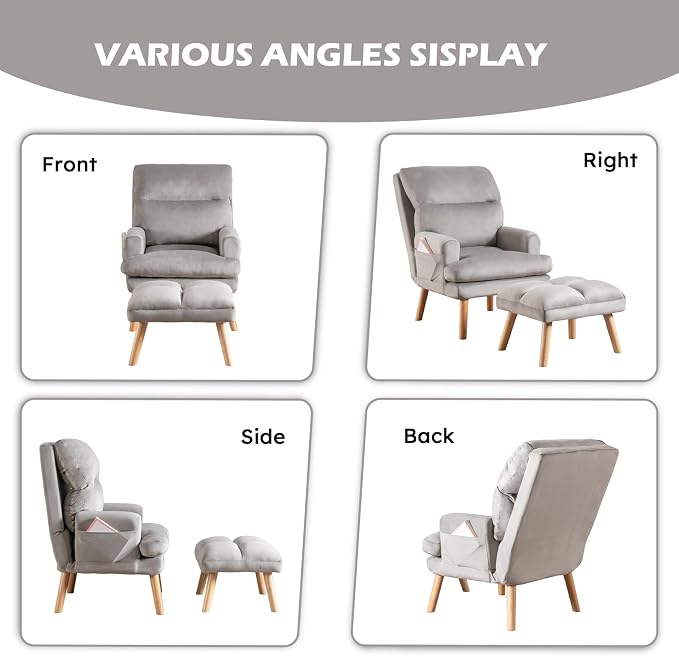 IOMOR Accent Chair with Ottoman, Velvet Fabric Chair Armchair with Adjustable - Image 5