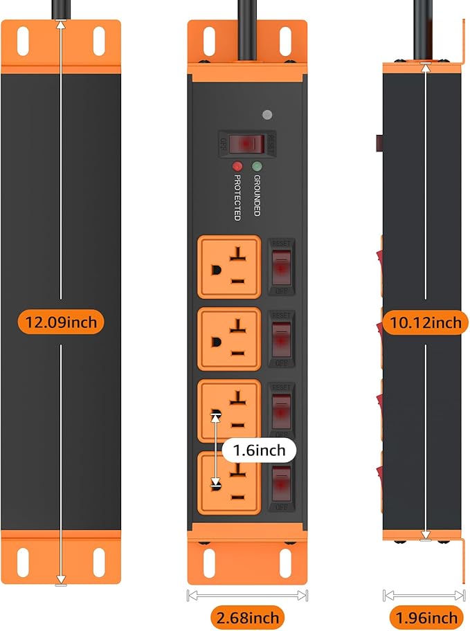 CCCEI Heavy Duty Surge Protector Power Strip 20 Amp Individual Switches. 4FT 12 Gauge Extension Cord with Multiple Outlets. Kitchen, Garage, Shop, Industrial Wall Mount Electric Extender, Orange.