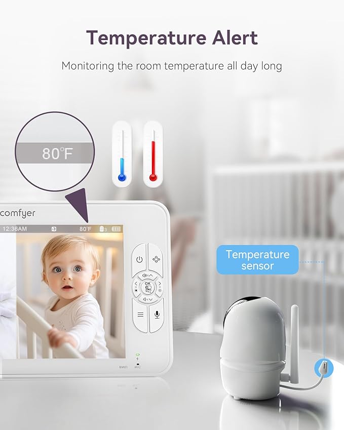Comfyer 7" HD Split-Screen Baby Monitor with 2 1080P Cameras, 48 Hrs 6000mAh Battery Runs 2 Days in VOX Mode, No WiFi Monitor with a Flexible Bracket, 2 Way Audio, Remote PTZ, Auto Night Vision