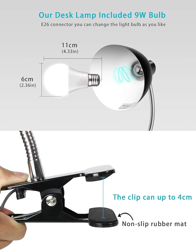 Desk lamp Eye-Caring Table Lamps, 360°Rotation Gooseneck Clip on Lamp Reading - Image 3