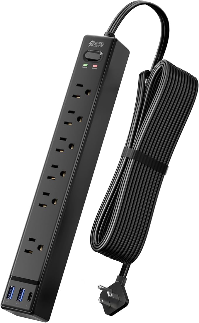 10Ft Long Extension Cord, SUPERDANNY Flat Plug Surge Protector Power Strip | by SUPERDANNY