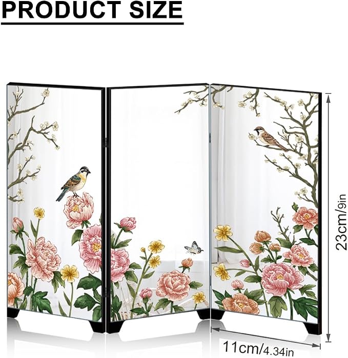 Mini Folding Screen, 3 Panel Divider, Chinese Style Vintage Desktop Mirror - Image 2