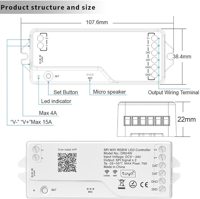 LOAMLIN DR04W RGBW SPI SMD COB 3PIN Addressable LED Strip 2.4GHz Tuya WiFi Controller, Support Alexa Google Home Smartphone APP Control Compatible with WR01RF RC03RFB Remote(No for WS2812B WS2811)
