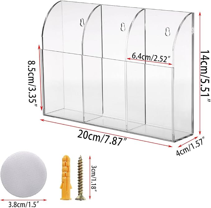 Hipiwe Wall Mount Remote Control Holder Acrylic Media Organizer, 3 Slots | - Image 6