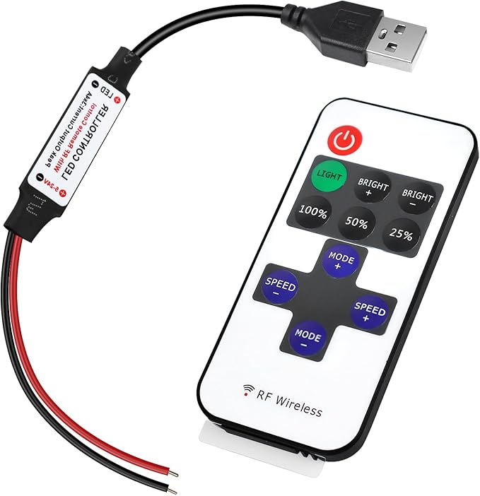 RF Mini Wireless Remote Controller for Single Color 3528 5050 LED Strip Lights, Wireless Remote Control with USB and Wire Connector, RF LED Strip Light Dimmer