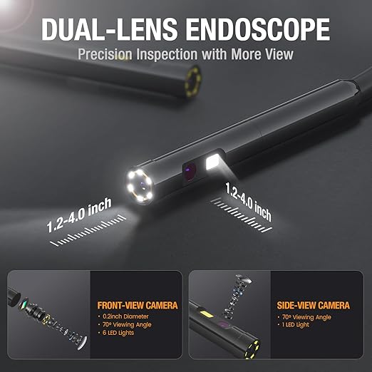 Dual Lens Endoscope Camera with Light, Teslong 4.5" HD Snake Borescope Inspection Camera, 0.2inch Automotive Scope Camera with Flexible Cable, Industrial Fiber Optic for Engine Mechanic(5FT)