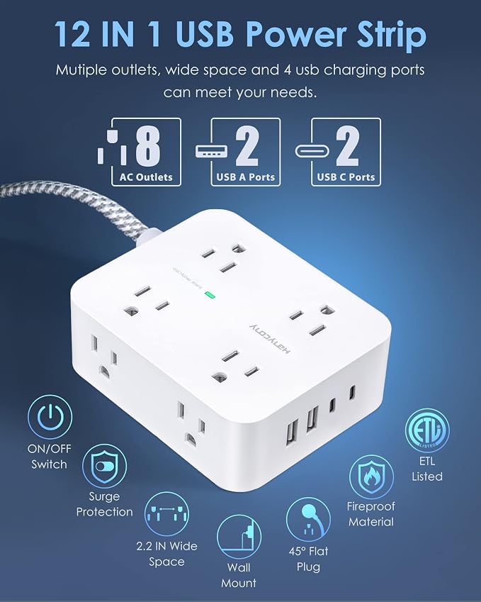 HANYCONY 6Ft Surge Protector Power Strip USB C, 8 Outlet Extender | Extension - Image 2