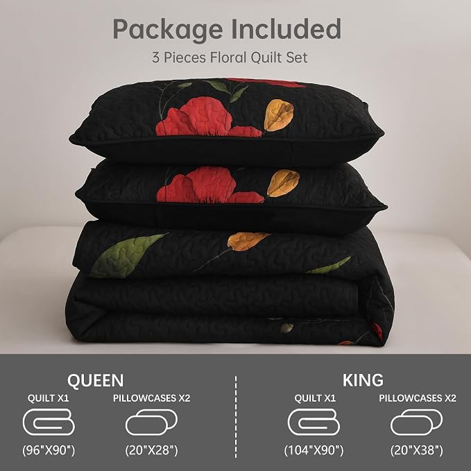 Mybedsoul Floral Quilt Set Queen Size, 3 Pieces Black Bedspread Coverlet Set - Image 8