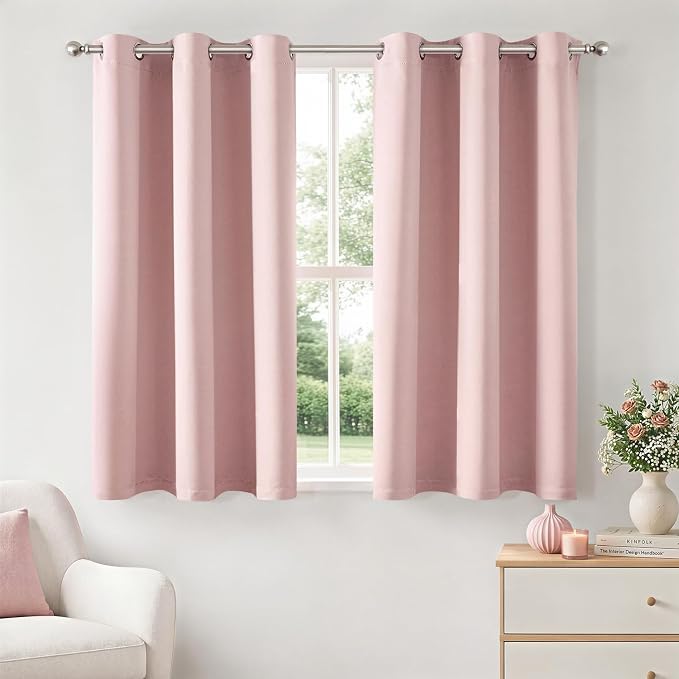 Short Light Pink Blackout Kitchen Curtain W40 x L45 Inch 2 Panels | Thermal by Woaboy