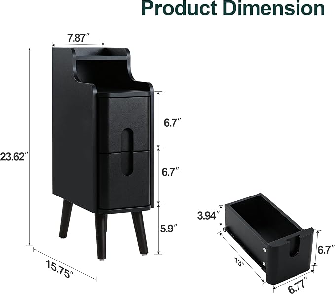 FurSch Narrow Nightstand Set of 2, Wooden Small 2 Drawer, Skinny Bedside Table - Image 2