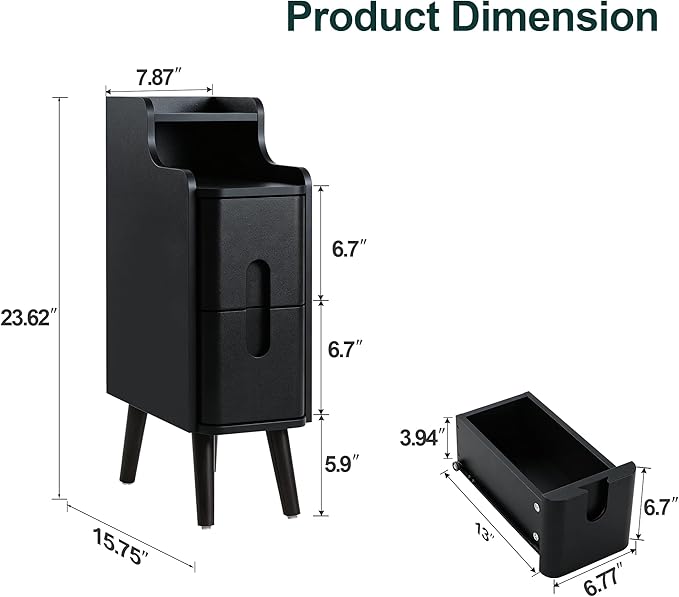 Black Narrow Nightstand, Wood 2 Drawer Small Nightstand, Slim Side Table - Image 2
