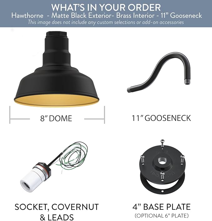 Steel Lighting Co. Hawthorne Barn Light | Outdoor Wall Mounted | 8 inch Dome | 11 inch Gooseneck| Small Farmhouse Light Made in America | Matte Black Exterior/Brass Interior