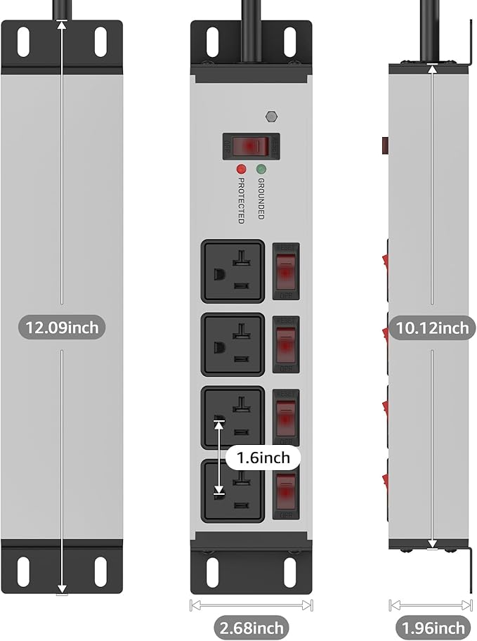 CCCEI Heavy Duty Surge Protector Power Strip 20 Amp Individual Switches. 4FT 12 Gauge Extension Cord with Multiple Outlets. Kitchen, Garage, Shop, Industrial Wall Mount Electric Extender, Grey.