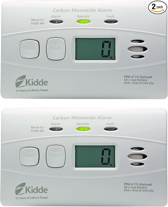 Kidde Carbon Monoxide Detector with 10-Year Battery, Digital Display, 3 LEDs, Replacement Indicator, Peak Level Memory, 2 Pack