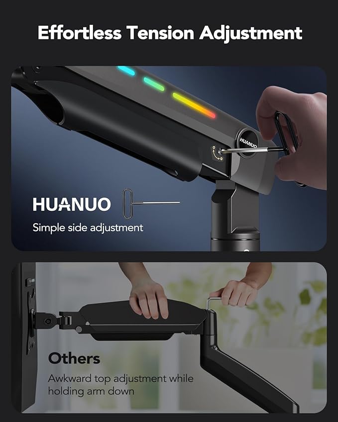 HUANUO TitanLift Monitor Arm for Ultrawide Screens up to 49″, Heavy-Duty Single Mount Holds 44 lbs, Fully Adjustable Gaming Monitor Arm with C-Clamp & Grommet Base, Max VESA 100 x 100mm, RGB