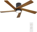 WINGBO 48 Inch Flush Mount DC Ceiling Fan with Lights and Remote, 5 Reversible Carved Wood Blades, 6-Speed Noiseless DC Motor, Hugger Ceiling Fan in Matte Black Finish with Walnut Blades, ETL Listed