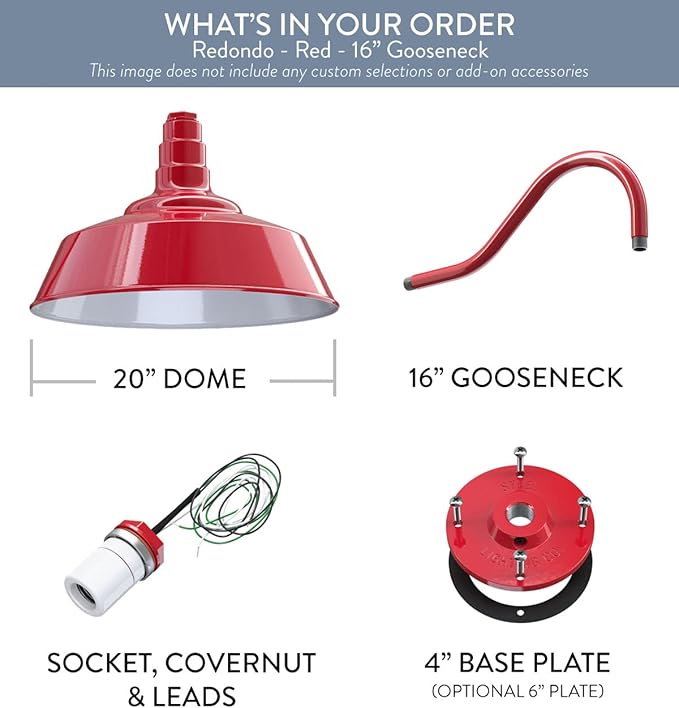 Steel Lighting Co. Large Outdoor Barn Light | Gooseneck Light Fixture | Made in America from 18-Gauge Steel | 20" Dome | 16" Gooseneck Red Exterior/White Interior