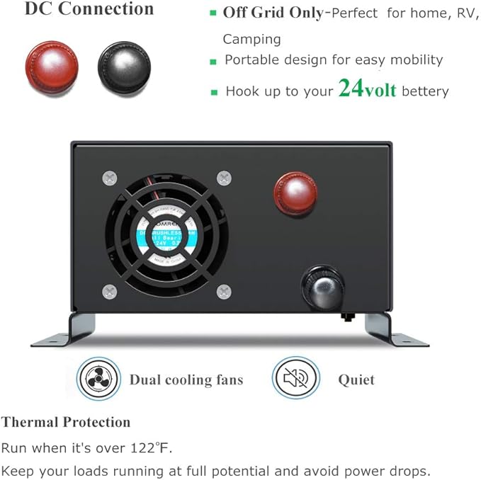 WZRELB 600W 24V 120V Pure Sine Wave Power Inverter with 2 AC Outlets Wired Remote Control (RBP-60024WR)