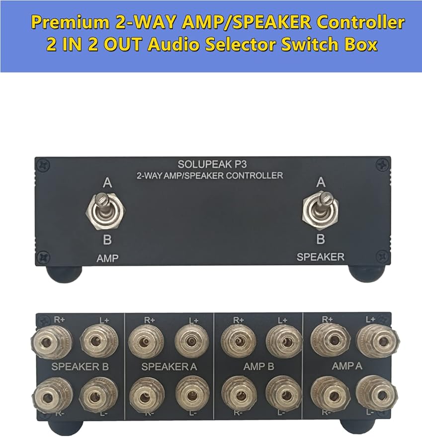 SOLUPEAK P3 2-Way AMP Amplifier to 2 Pair of Speakers Selector Switch Switcher Splitter Combiner Box 2 in 2 Out