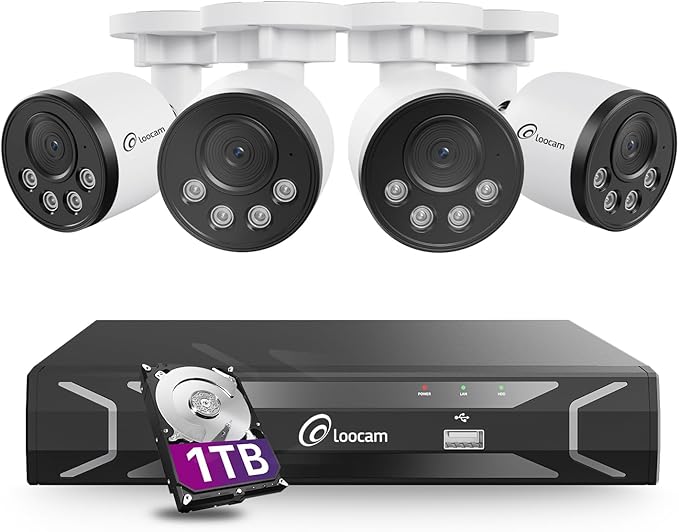 Loocam 5MP PoE Security Camera System 8CH H.265+NVR with 1TB HDD, 4pcs 4MP Wired Camera System AI Human Vehicle Detection Surveillance System Outdoor Indoor with Audio, Night Vision, 24/7 Recording
