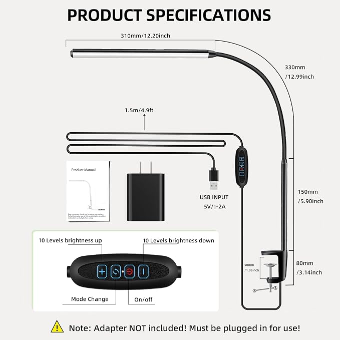 Clip on Desk Lamp with Clamp, Dimmable Eye Caring Book Reading Light - Image 6