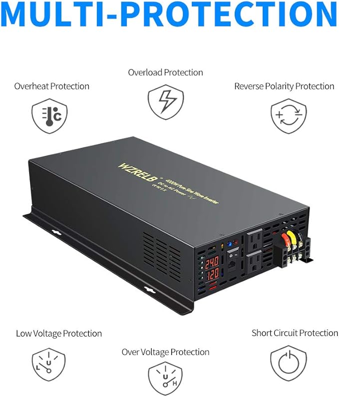 WZRELB 4000W 24VDC 120VAC Pure Sine Wave Power Inverter, 2 AC Outlets, Wired Remote Control, RV