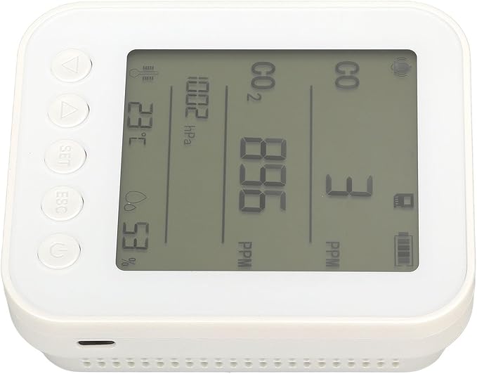 Torvex CO2 Monitor, Air Quality Meter with LCD Humidity Temperature Pressure Sensor, Indoor CO2 Detector 7 in 1 5V White Desktop Unit for Home Office Environment Monitoring