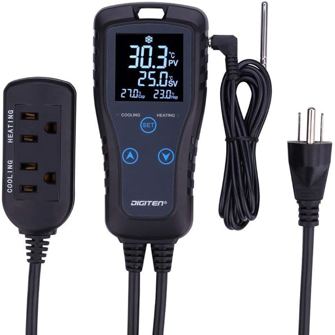 DIGITEN Temperature Controller DTC102 2-Stage Temperature Controlled Outlet Heat Mat Thermostat 110V Plug-in Reptile Thermostat
