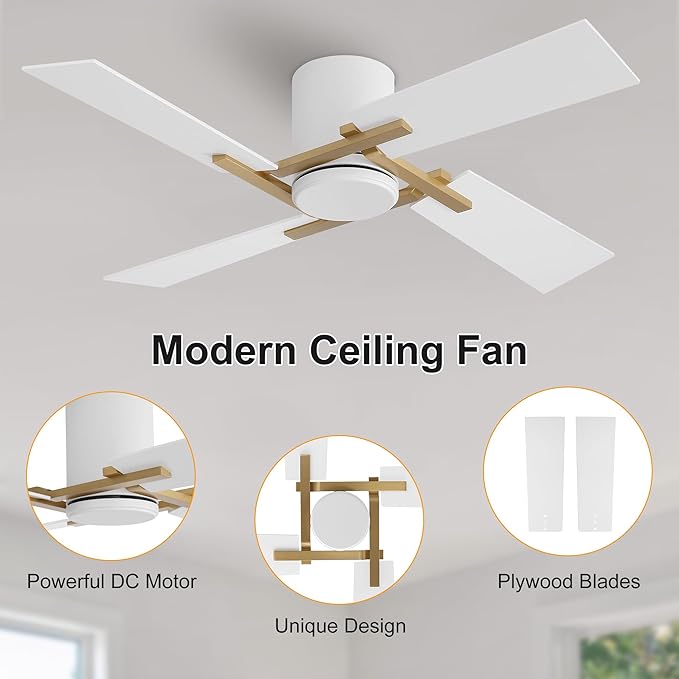 WINGBO 48 Inch Flush Mount Ceiling Fan without Light - 4 Plywood Blades, 6-Speed Reversible DC Motor, Noiseless Low Profile Ceiling Fan No Light for Bedroom Living Room, Gold and White