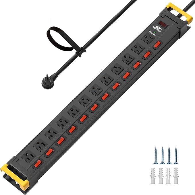 CRST Heavy Duty Metal Power Strip with Individual Switches, 12 Outlets Long Surge Protector Power Strip (1020J), 15A/1875W, 9FT Cord, Use for Garage Workshop Office School and Home...