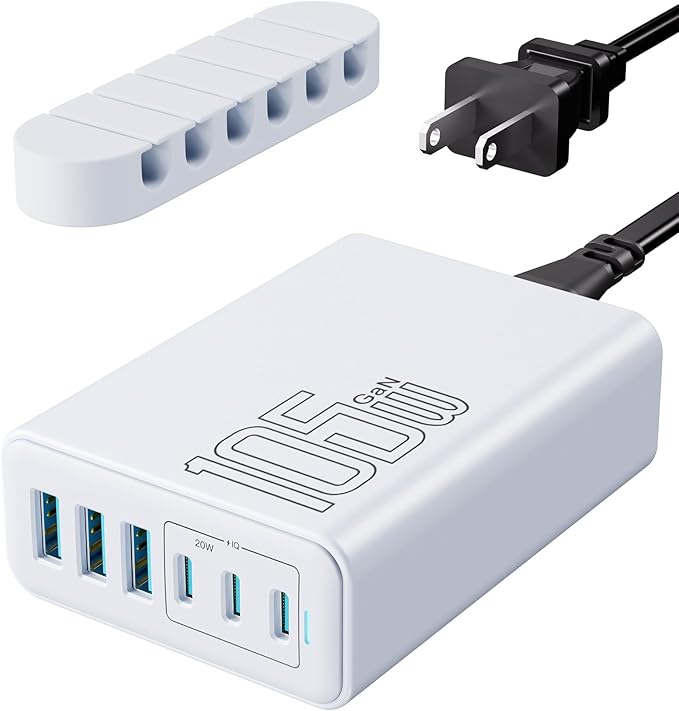 USB C Fast Charger, 105W GaN 6-Port Desktop USB Charging Station Hub, USB C Charger Block Wall Charger for iPhone 17/16/15/14/13/12/11, iPad, Samsung and More (Cable Organizer Included)