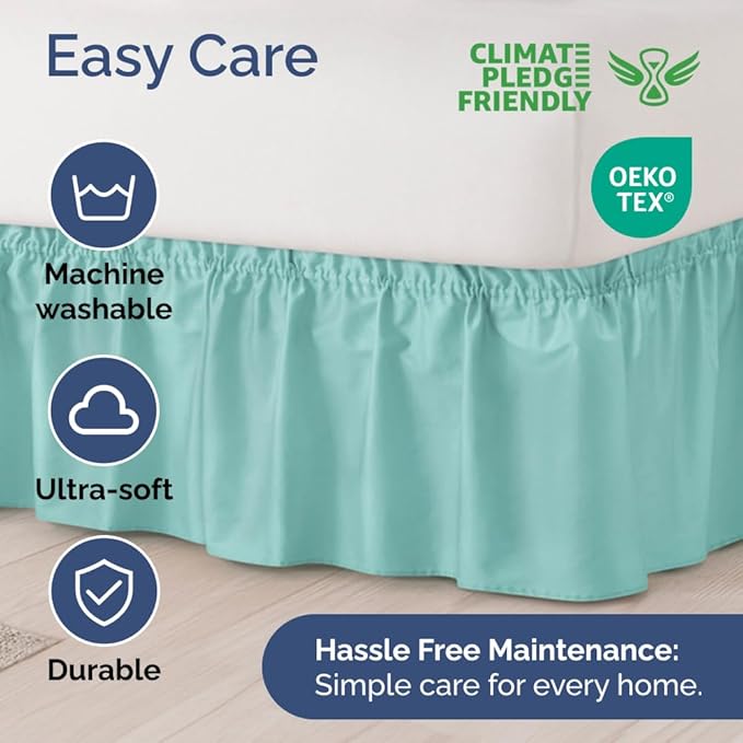 Wrap Around Dust Ruffle Bed Skirt - Spa Blue - for Full Size Beds with 15 Inch Drop - Easy Fit Elastic Strap - Adjustable Pleated Bedskirt w/Brushed Fabric Wrinkle Free - for Women, Men, Kids & Teens