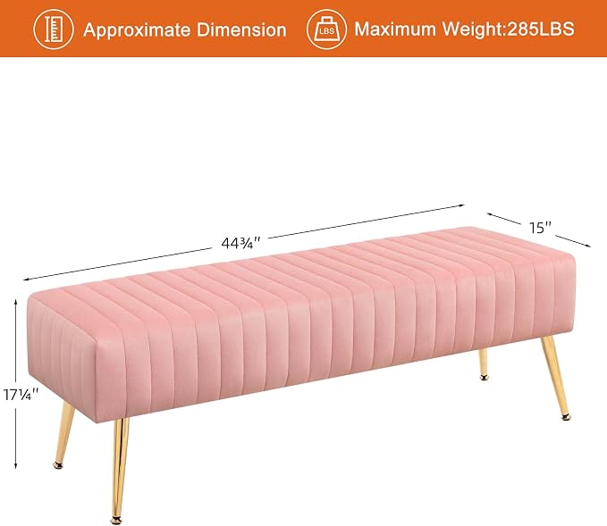 44 Inch Velvet Bench, Upholstered Tufted Striped Fabric Bedroom Bench - Image 3