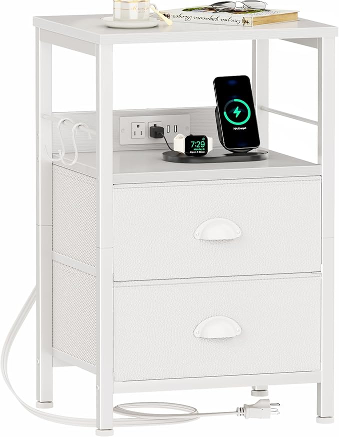 Furologee End Table with Charging Station, Nightstand with Fabric Drawers by Furologee