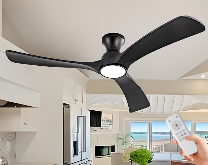Gaizw Black Ceiing Fans with lights and Remote Control,52 Inch Modern Wooden Fan,Quiet Reversible Motor,Flush Mount Ceiling Fan with Light, Fandelier For Ventilation in Kid's Rooms,Bedroom,Farmhouse